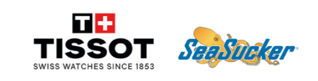 I loghi dei marchi Tissot con la scritta Swiss Watches Since 1853 e SeaSucker con un design che include una ventosa stilizzata. Descrizione generata da AI
