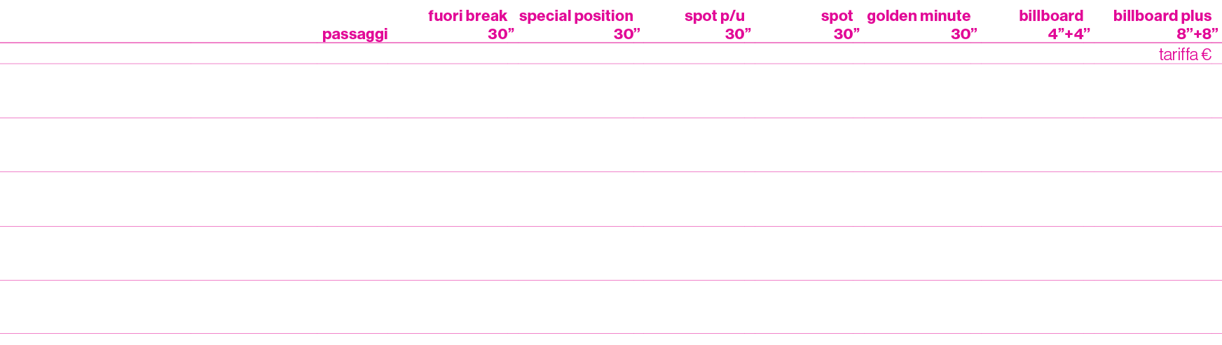 ,,passaggi,fuori break 30,”,special position 30,”,spot p/u 30,”,spot 30,”,golden minute 30,”,billboard 4”+4,”,billboa...