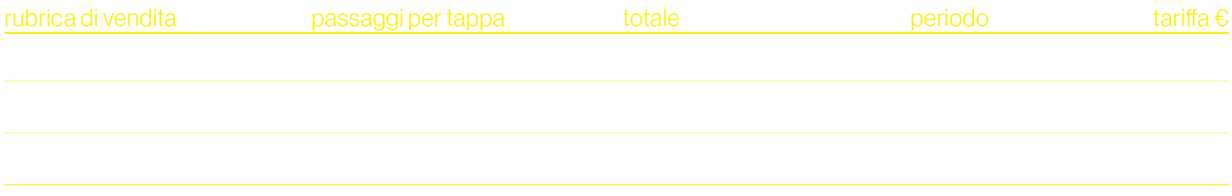 rubrica di vendita,passaggi per tappa,totale,periodo,tariffa €,,Spot flash A,1,7,29 giugno 5 luglio,7.000,,Spot flash...