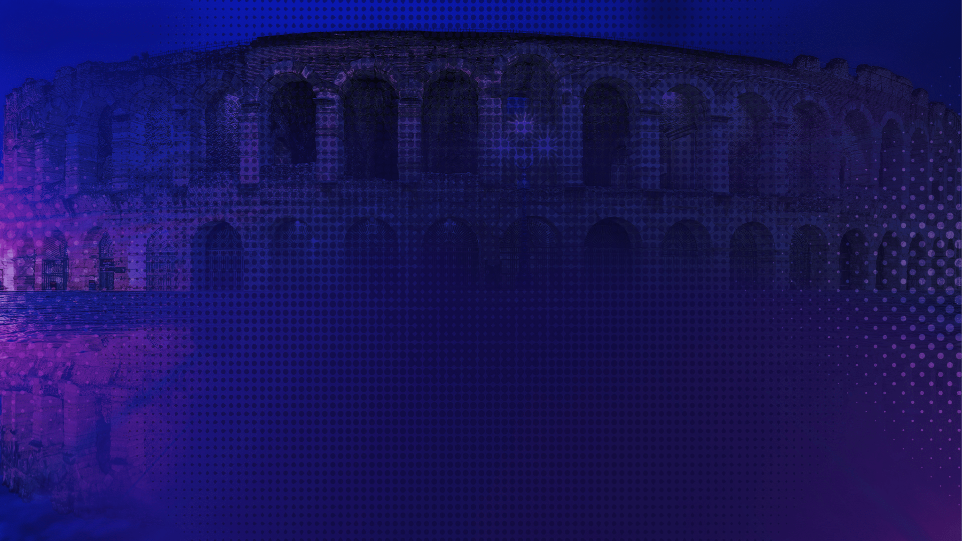 An ancient stone amphitheater is shown with a dark blue and purple gradient overlay and a dotted halftone pattern effect. Descrizione generata da AI