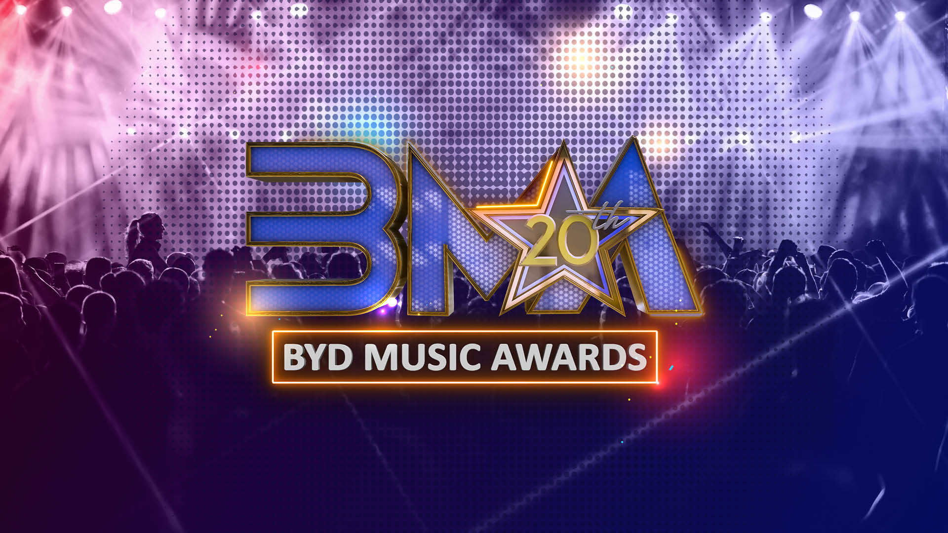A colorful stage background with spotlights and a crowd silhouette features the glowing text BYD Music Awards 2017 with a star design. Descrizione generata da AI