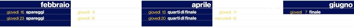 ,,febbraio,,,marzo,,,aprile,,,maggio,,,giugno,gioved ,16,spareggi,gioved ,9,ottavi di finale,gioved ,13,quarti di fin...