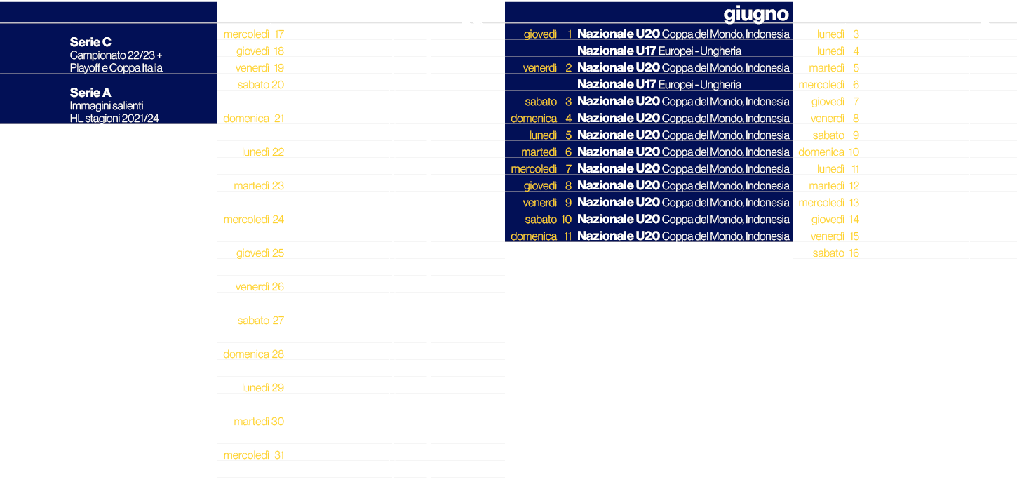 ,,,,,maggio,,,giugno,,,luglio,,,Serie C Campionato 22/23 + Playoff e Coppa Italia,mercoled ,17,Nazionale U17 Europei ...