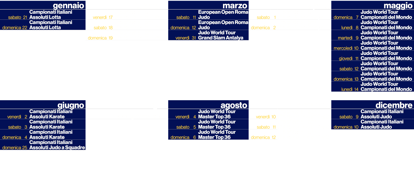,,gennaio,,,febbraio,,,marzo,,,aprile,,,maggio,sabato,21,Campionati Italiani Assoluti Lotta,venerd ,17,Judo World Tou...