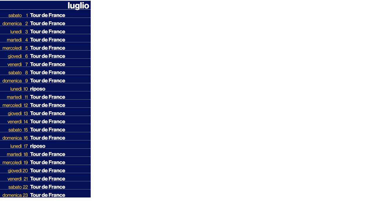 ,,luglio,sabato,1,Tour de France,domenica,2,Tour de France,luned ,3,Tour de France,marted ,4,Tour de France,mercoled ...