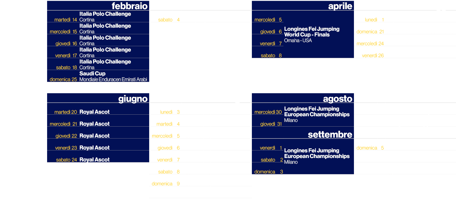 ,,febbraio,,,marzo,,,aprile,,,maggio,marted ,14,Italia Polo Challenge Cortina,sabato,4,Fursan Cup 2023 Al Ula (KSA),m...