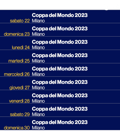 ,,luglio,sabato,22,Coppa del Mondo 2023 Milano,domenica,23,Coppa del Mondo 2023 Milano,luned ,24,Coppa del Mondo 2023...
