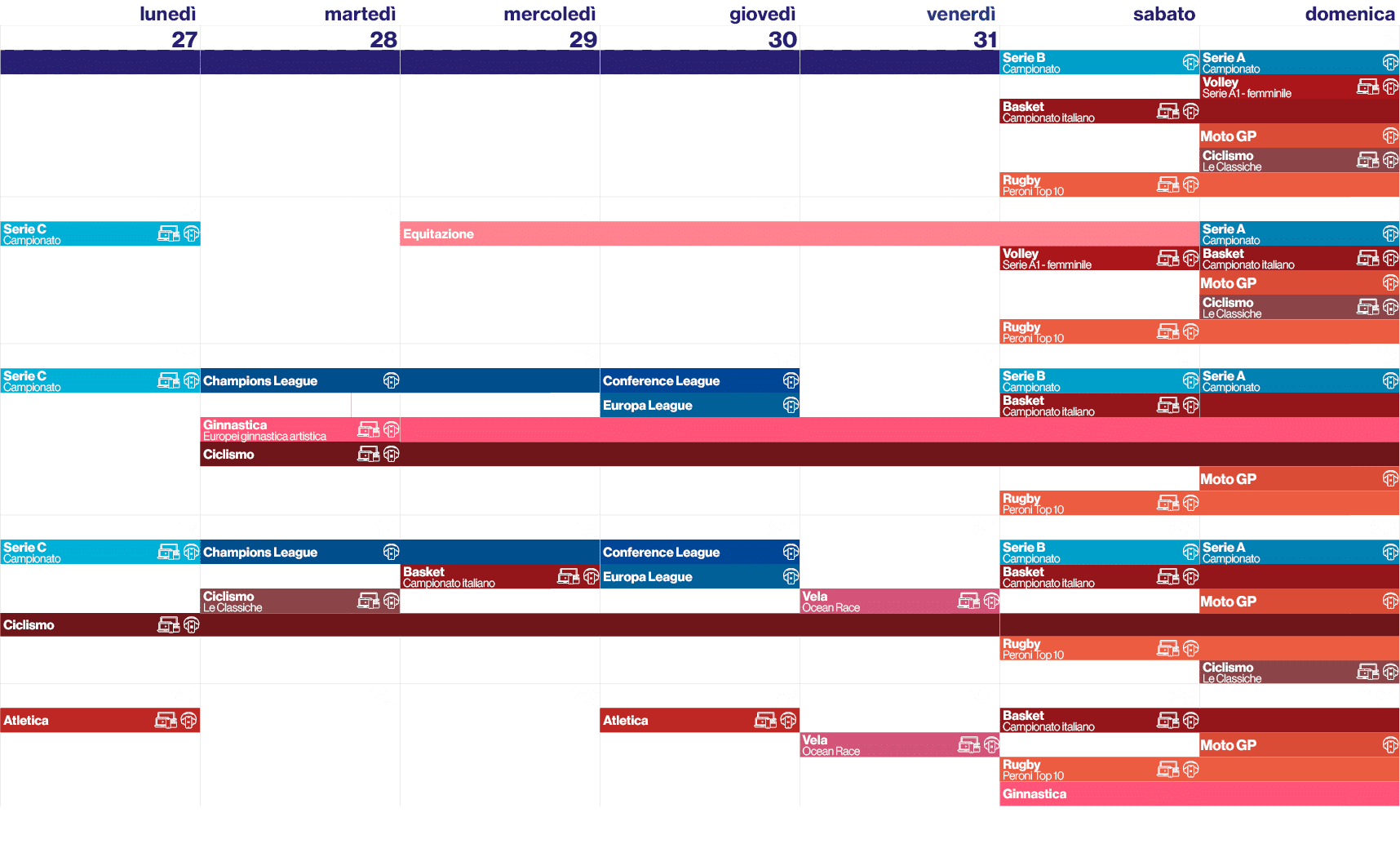 luned ,marted ,mercoled ,gioved ,venerd ,sabato,domenica,,27,,28,,29,,30,,31,,1,,2,,,,,,,,,,,Serie B Campionato,￼,Ser...