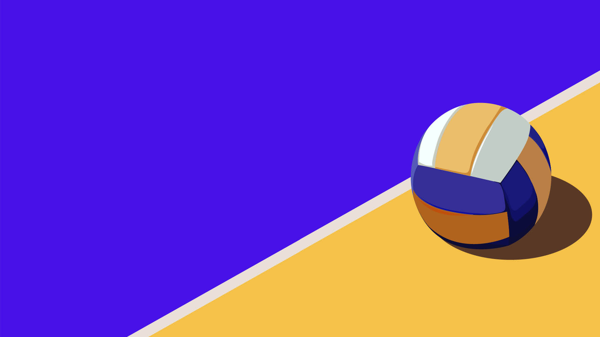 Un pallone da pallavolo colorato  posato su una superficie divisa in due colori con una linea bianca diagonale.  Descrizione generata da AI