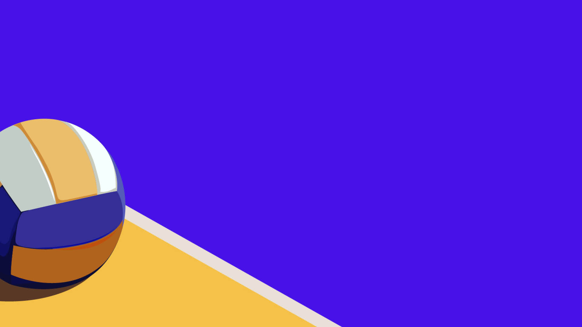 Un pallone da pallavolo colorato  posato su una superficie divisa in due colori con una linea bianca diagonale.  Descrizione generata da AI
