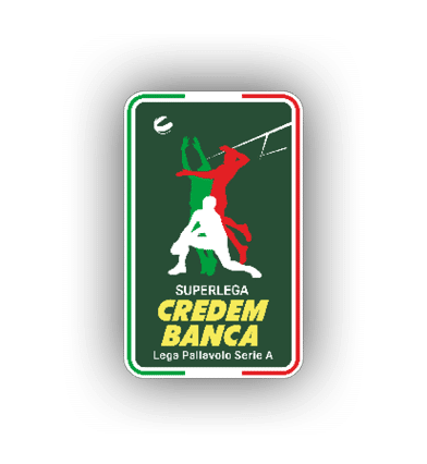 Tre persone stilizzate in azione di gioco di pallavolo con i colori della bandiera italiana e il testo Superlega Credem Banca Lega Pallavolo Serie A su sfondo verde scuro. Descrizione generata da AI