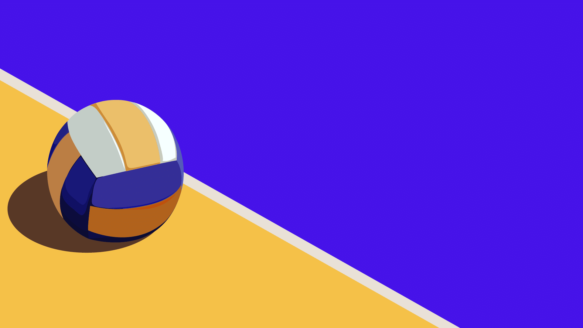 Un pallone da pallavolo colorato con strisce bianche, arancioni e blu  posato su un campo con superficie divisa in due colori, blu e arancione.  Descrizione generata da AI