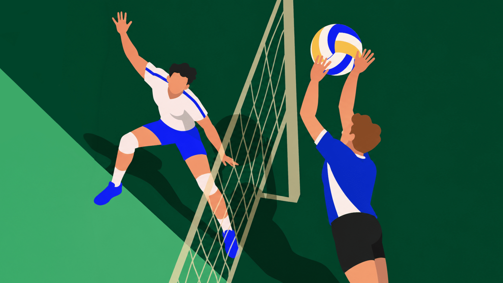 Due persone con abbigliamento sportivo stanno giocando a pallavolo vicino a una rete con una che salta per colpire la palla. Descrizione generata da AI