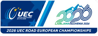 Loghi della Union Europ enne de Cyclisme e dei Campionati Europei di Ciclismo su Strada 2026 a Lubiana, Slovenia, con design moderno e colori blu, verde e bianco. Descrizione generata da AI