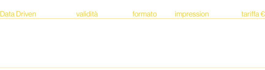 Data Driven,validit ,formato,impression,tariffa €,small medium large,2 settimane ,spot video digital + CTV ,300.000 5...