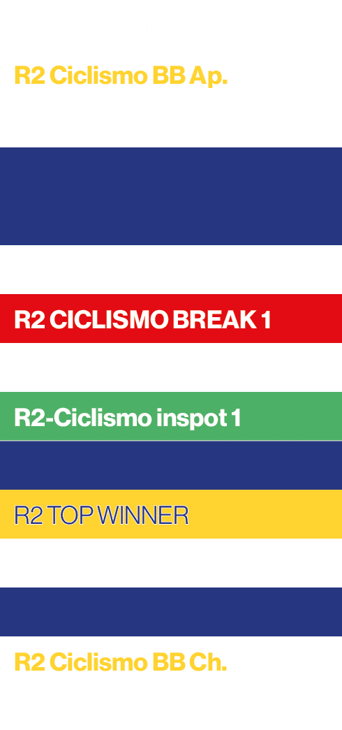 Giornata tipo,R2 Ciclismo BB Ap. ,,,,,R2 CICLISMO BREAK 1 ,,R2 Ciclismo inspot 1,,R2 TOP WINNER ,,,R2 Ciclismo BB Ch. 