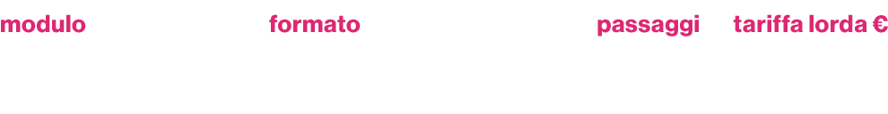 modulo,formato,passaggi,tariffa lorda €,Sport Pack A/B,ad point 15\“,40,13.800
