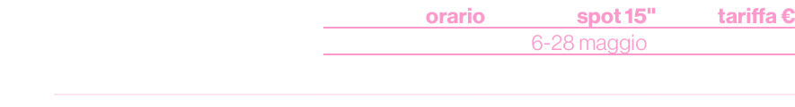 ,orario,spot 15,\“, tariffa €,,,6 28 maggio,,,Giro flash A/B,17.00/17.20,21,,21.000