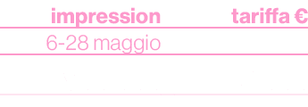 impression,, tariffa €,6 28 maggio,,,600.000,,15.000