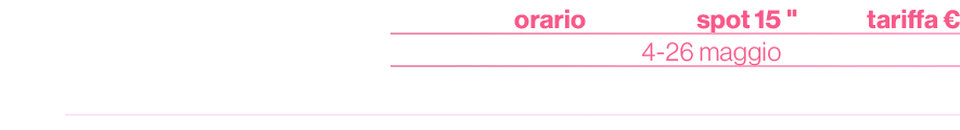 ,orario,spot 15,\“, tariffa €,,,4 26 maggio,,,Giro flash A/B,17.00/17.20,21,,21.000