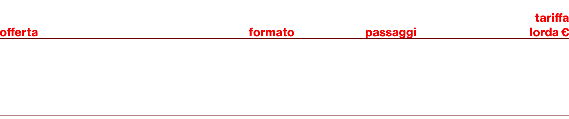 offerta,formato,,passaggi,tariffa lorda € ,modulo Sport Pack,adpoint 15,\“,40,13.800,Sport 1,tabellare 30,\",1,1.000