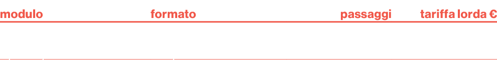modulo,formato,passaggi,tariffa lorda €,sport pack A/B,ad point 15\“,30,13.500