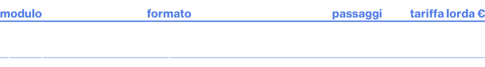 modulo,formato,passaggi,tariffa lorda €,sport pack A/B,ad point 15\“,30,13.500