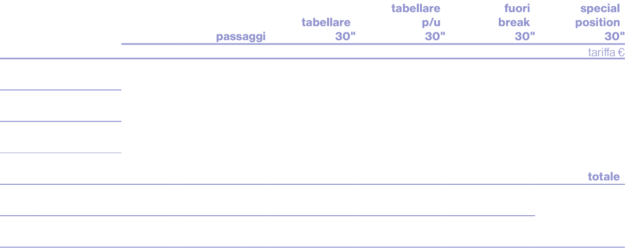 ,,passaggi,tabellare 30\“,tabellare p/u 30\",fuori break 30\" ,special position 30\",,,,,,,tariffa €,Modulo A,,9,167....