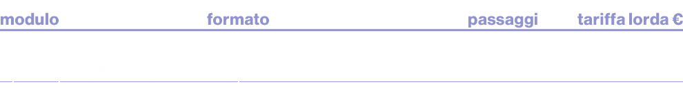 modulo,formato,passaggi,tariffa lorda €,sport pack A/B,ad point 15\“,30,13.500