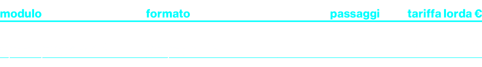 modulo,formato,passaggi,tariffa lorda €,sport pack A/B,ad point 15\“,30,13.500