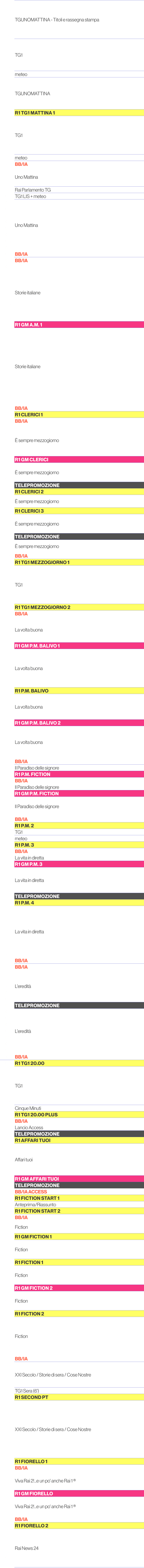 6.30,TGUNOMATTINA Titoli e rassegna stampa,6.35,6.40,6.45,6.50,6.55,7.00,TG1 ,7.05,7.10,7.15,7.20,7.25,meteo,7.30,TGU...