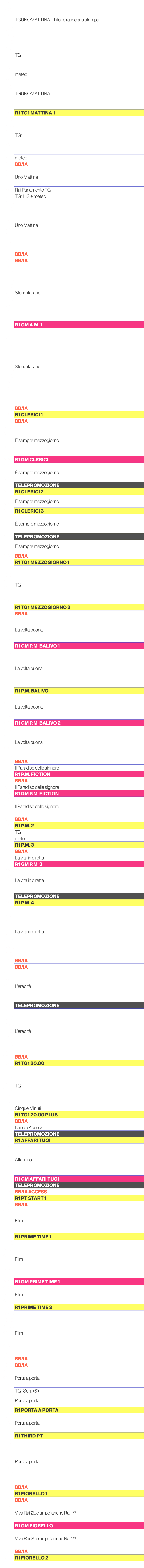 6.30,TGUNOMATTINA Titoli e rassegna stampa,6.35,6.40,6.45,6.50,6.55,7.00,TG1 ,7.05,7.10,7.15,7.20,7.25,meteo,7.30,TGU...