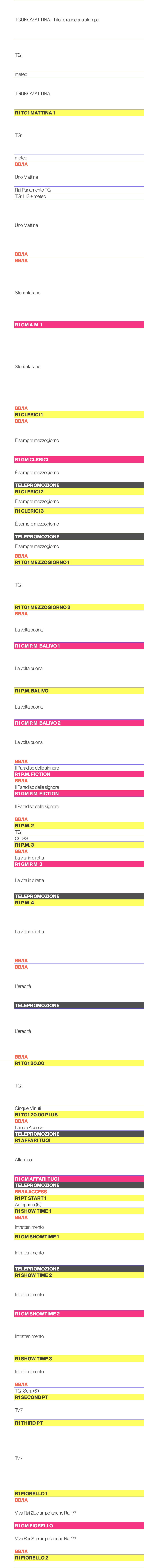 6.30,TGUNOMATTINA Titoli e rassegna stampa,6.35,6.40,6.45,6.50,6.55,7.00,TG1 ,7.05,7.10,7.15,7.20,7.25,meteo,7.30,TGU...