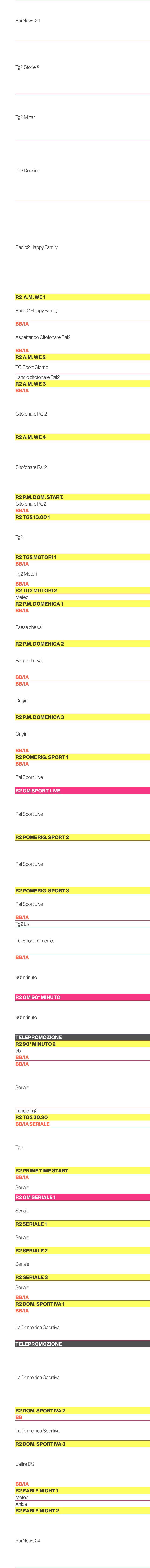 6.30,Rai News 24,6.35,6.40,6.45,6.50,6.55,7.00,Tg2 Storie ®,7.05,7.10,7.15,7.20,7.25,7.30,7.35,7.40,Tg2 Mizar,7.45,7....