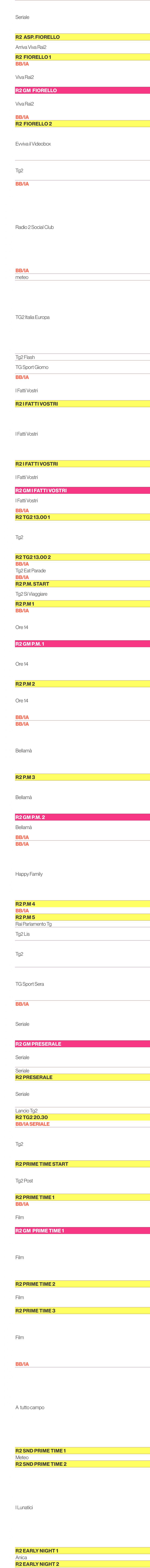 6.30,Seriale,6.35,6.40,6.45,6.50,6.55,R2 Asp. Fiorello ,7.00,Arriva Viva Rai2,7.05,7.10,R2 Fiorello 1,7.15,bb/ia,7.20...