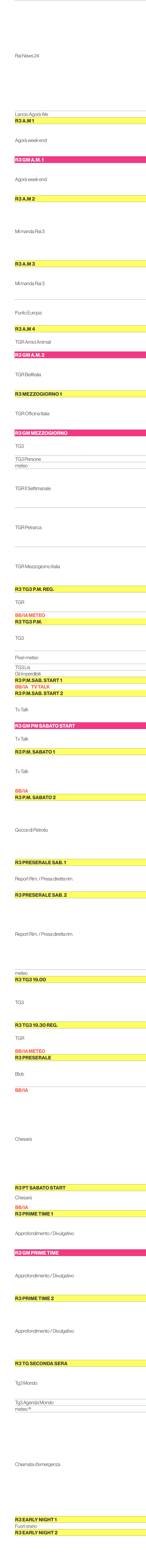 6.30,Rai News 24,6.35,6.40,6.45,6.50,6.55,7.00,7.05,7.10,7.15,7.20,7.25,7.30,7.35,7.40,7.45,7.50,7.55,Lancio Agor We...