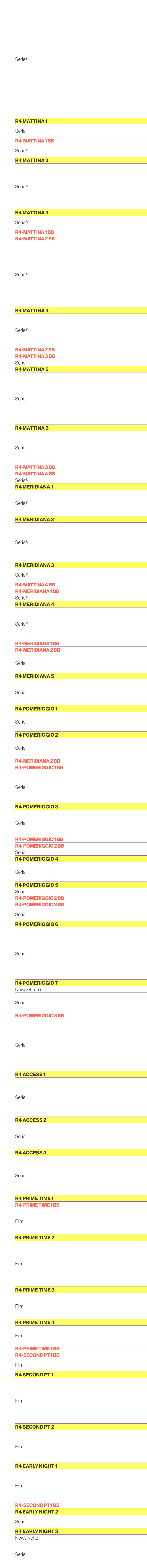 6.00,Serie®,6.05,6.10,6.15,6.20,6.25,6.30,6.35,6.40,6.45,6.50,6.55,7.00,7.05,7.10,7.15,7.20,7.25,7.30,R4 Mattina 1,7....