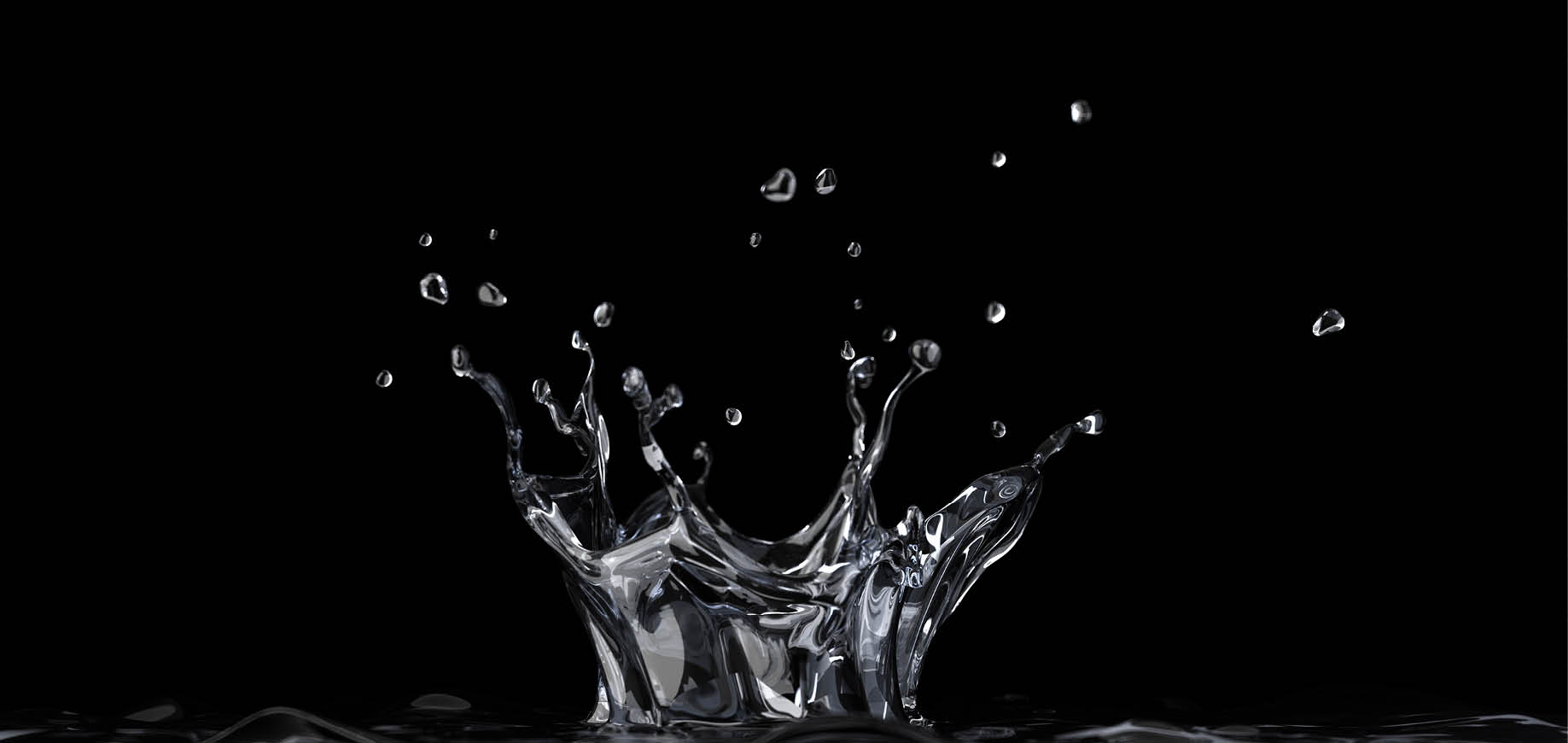 “Water crown splash viewed from a side, at black background, with depth of field. 3 D digital rendering."