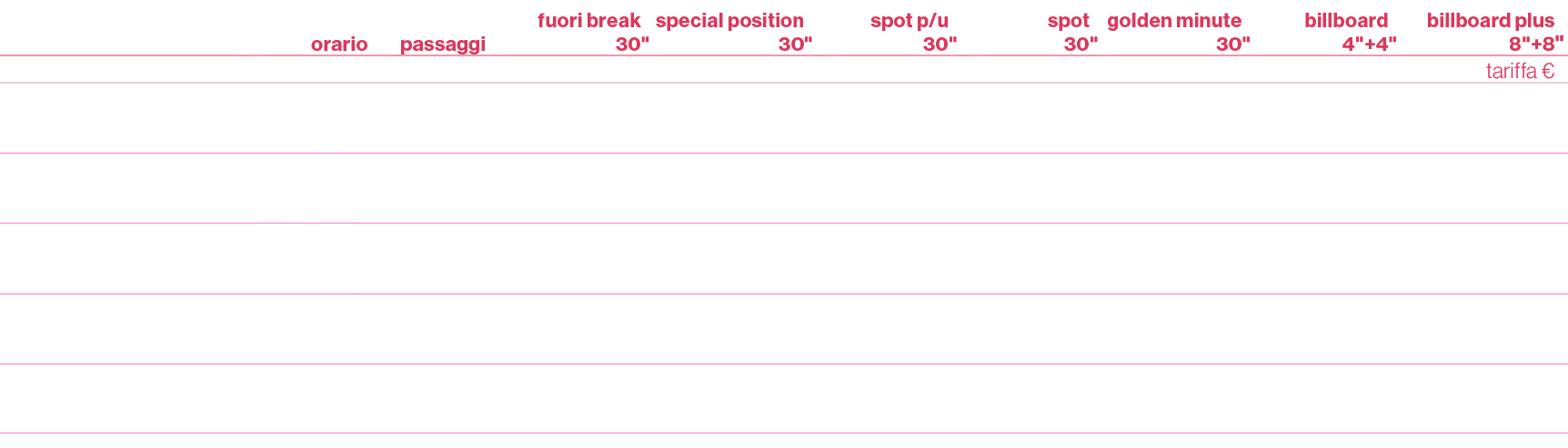 ,orario,,passaggi,fuori break 30,\“,special position 30,\",spot p/u 30,\",spot 30,\",golden minute 30,\",billboard 4\...
