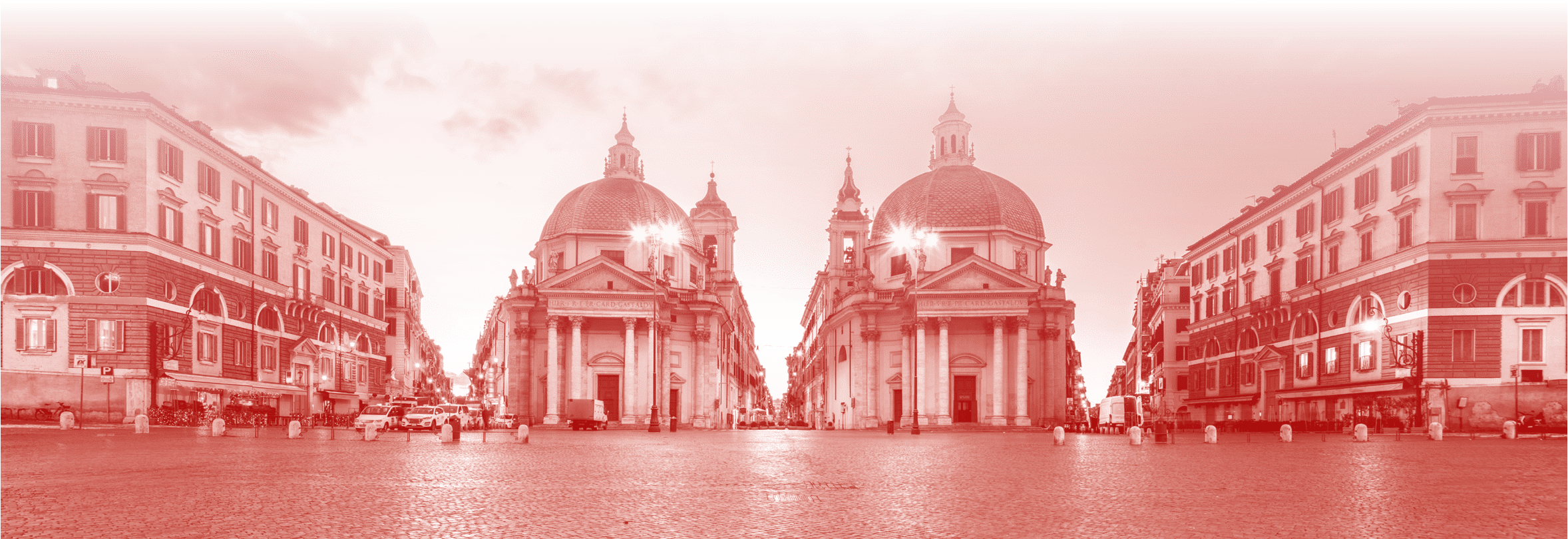 Twin Churches of Piazza del Popolo in Rome, Italy at twilight.