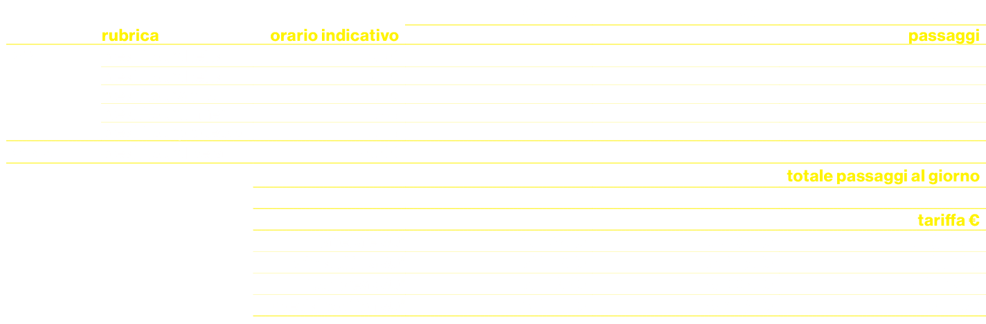 ,,,Bronze,Silver,Gold,,rubrica,orario indicativo,passaggi,￼,break Tour diretta,14.50,1,1,1,,break Tour diretta,15.30,...
