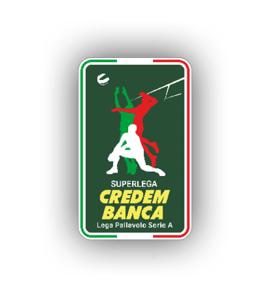 Tre persone stilizzate in azione di gioco di pallavolo con i colori della bandiera italiana e il testo Superlega Credem Banca Lega Pallavolo Serie A su sfondo verde scuro. Descrizione generata da AI