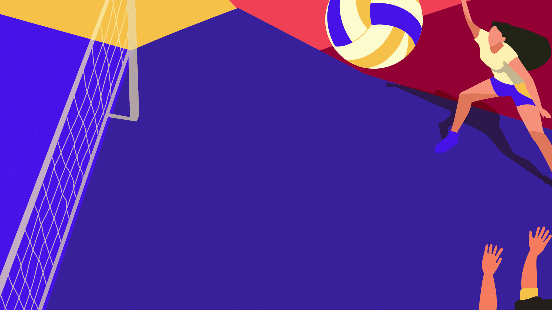 Persone che giocano a pallavolo in un campo colorato visto dall'alto con una rete al centro e un pallone sospeso in aria. Descrizione generata da AI