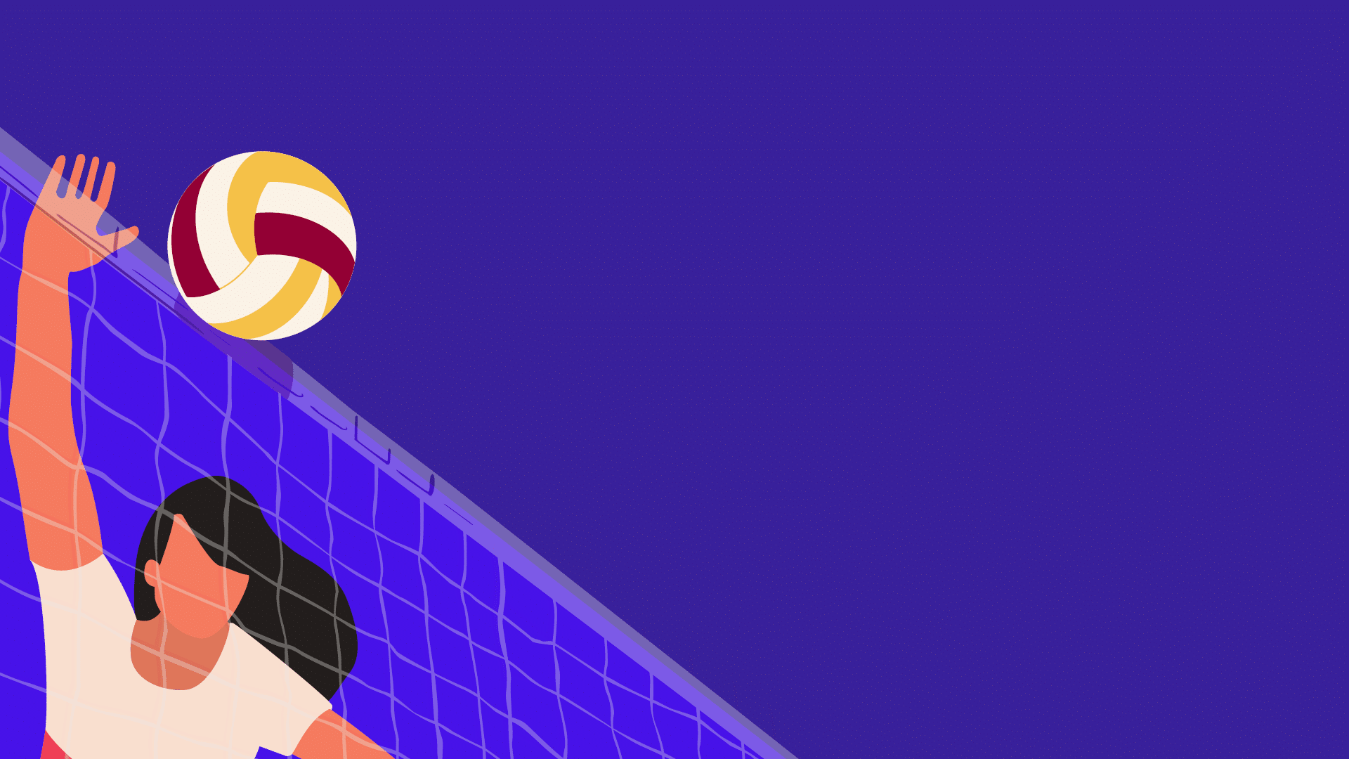 Una persona con capelli corti e maglietta bianca sta saltando vicino a una rete da pallavolo mentre una palla colorata  sopra la rete.  Descrizione generata da AI