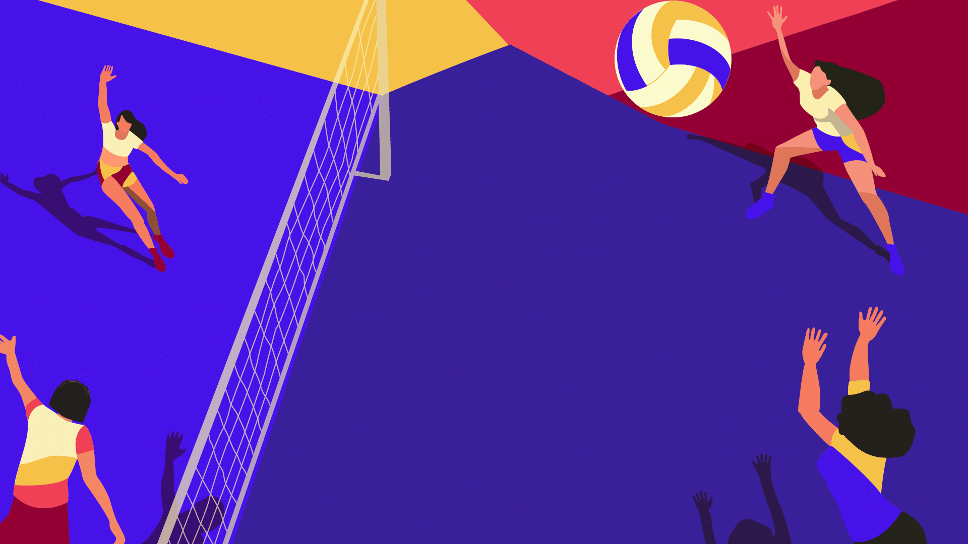 Persone che giocano a pallavolo in un campo colorato visto dall'alto con una rete al centro e un pallone sospeso in aria. Descrizione generata da AI