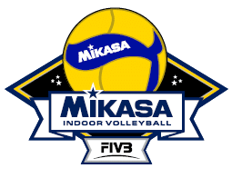 Logo stilizzato con un pallone da pallavolo giallo e blu sopra la scritta Mikasa Indoor Volleyball FIVB. Descrizione generata da AI