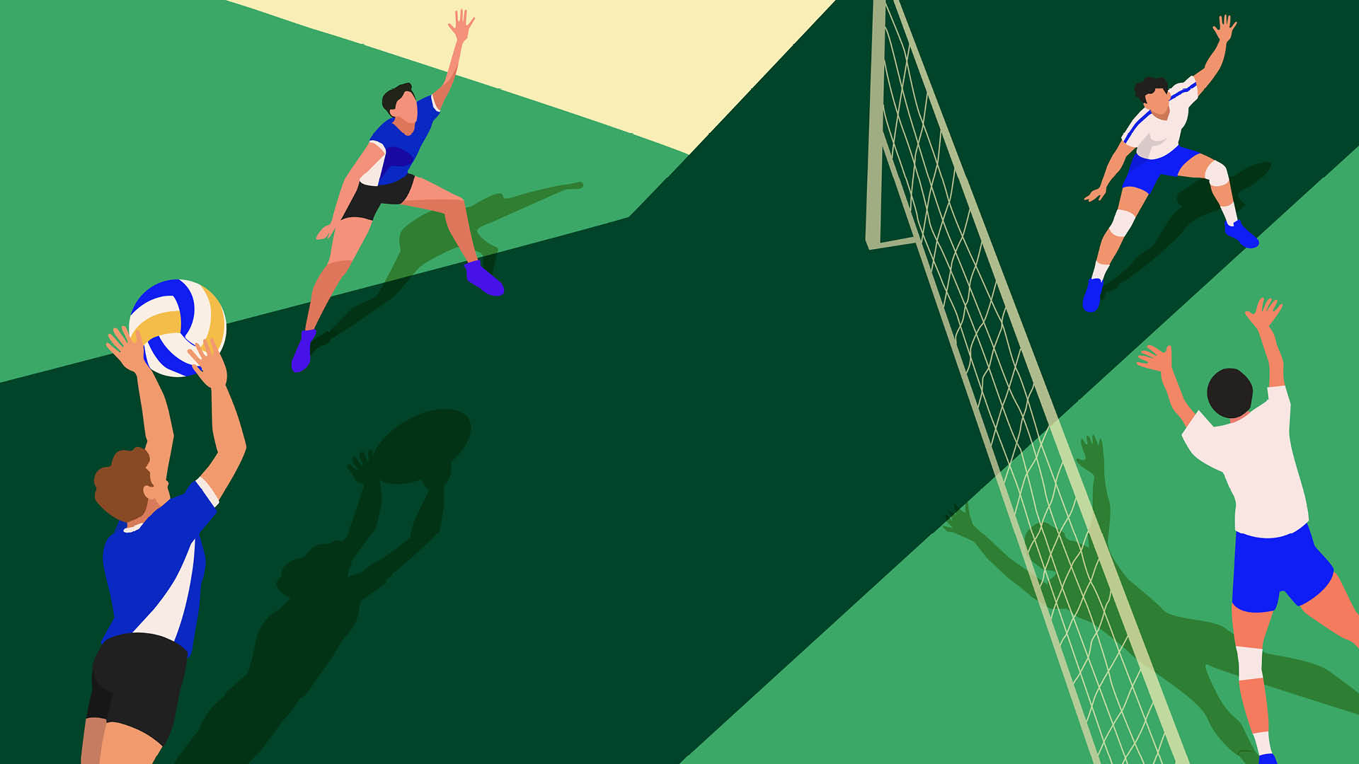 Quattro persone in abbigliamento sportivo stanno giocando a pallavolo su un campo verde con una rete al centro. Descrizione generata da AI