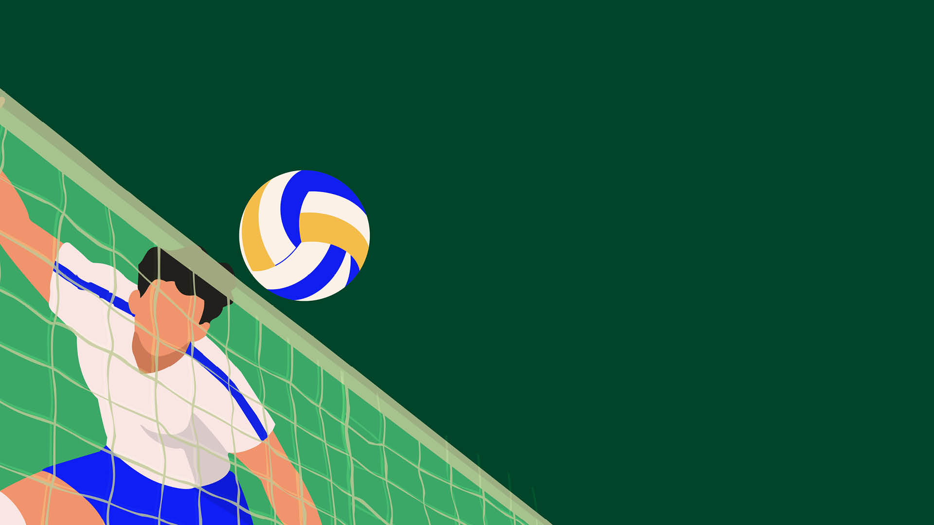 Una persona con maglietta bianca e pantaloni blu sta saltando vicino a una rete da pallavolo mentre una palla colorata si avvicina alla rete su uno sfondo verde scuro. Descrizione generata da AI