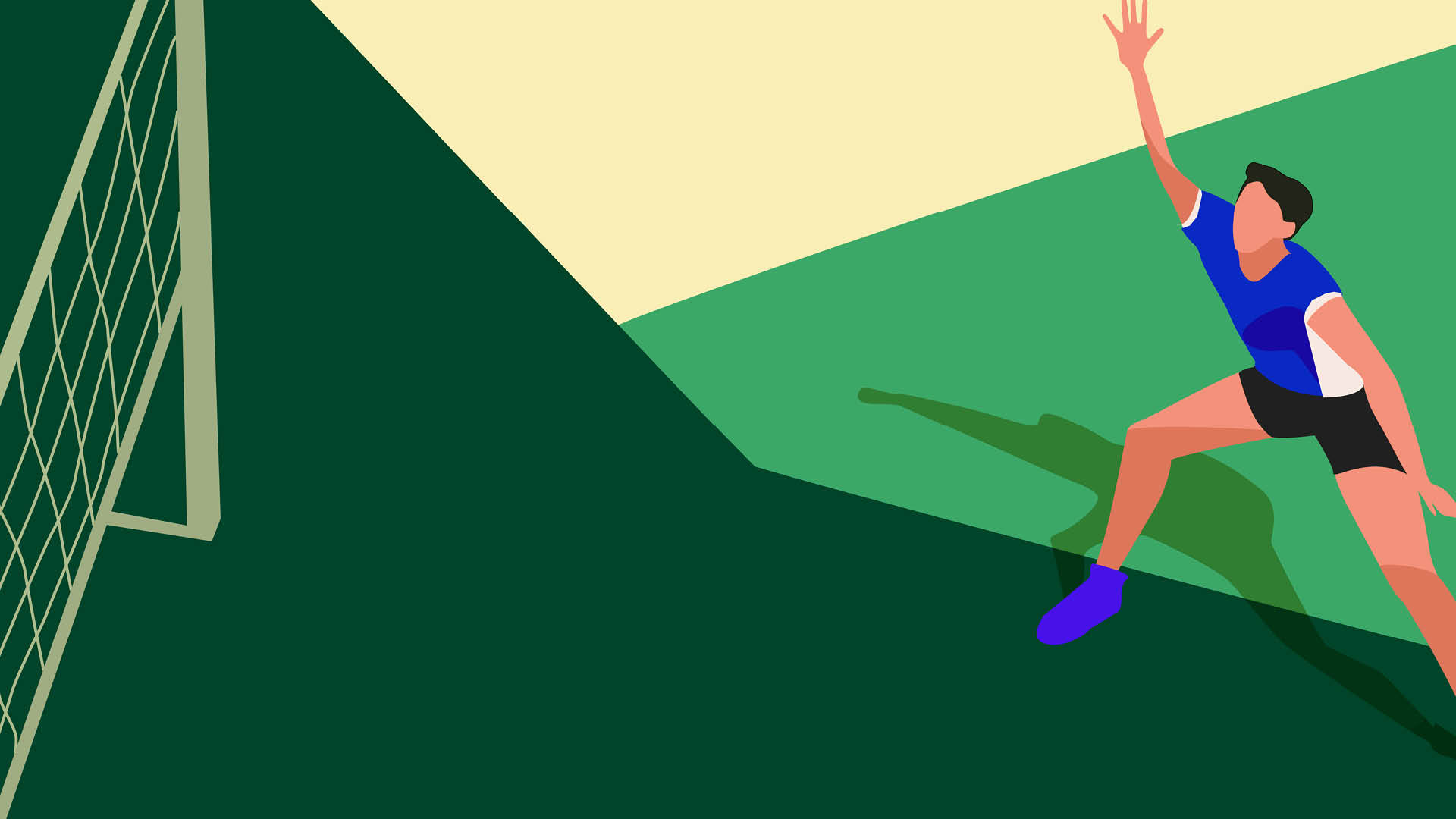 Una persona con maglietta blu e pantaloncini neri sta saltando con un braccio alzato vicino a una rete da pallavolo su un campo verde. Descrizione generata da AI
