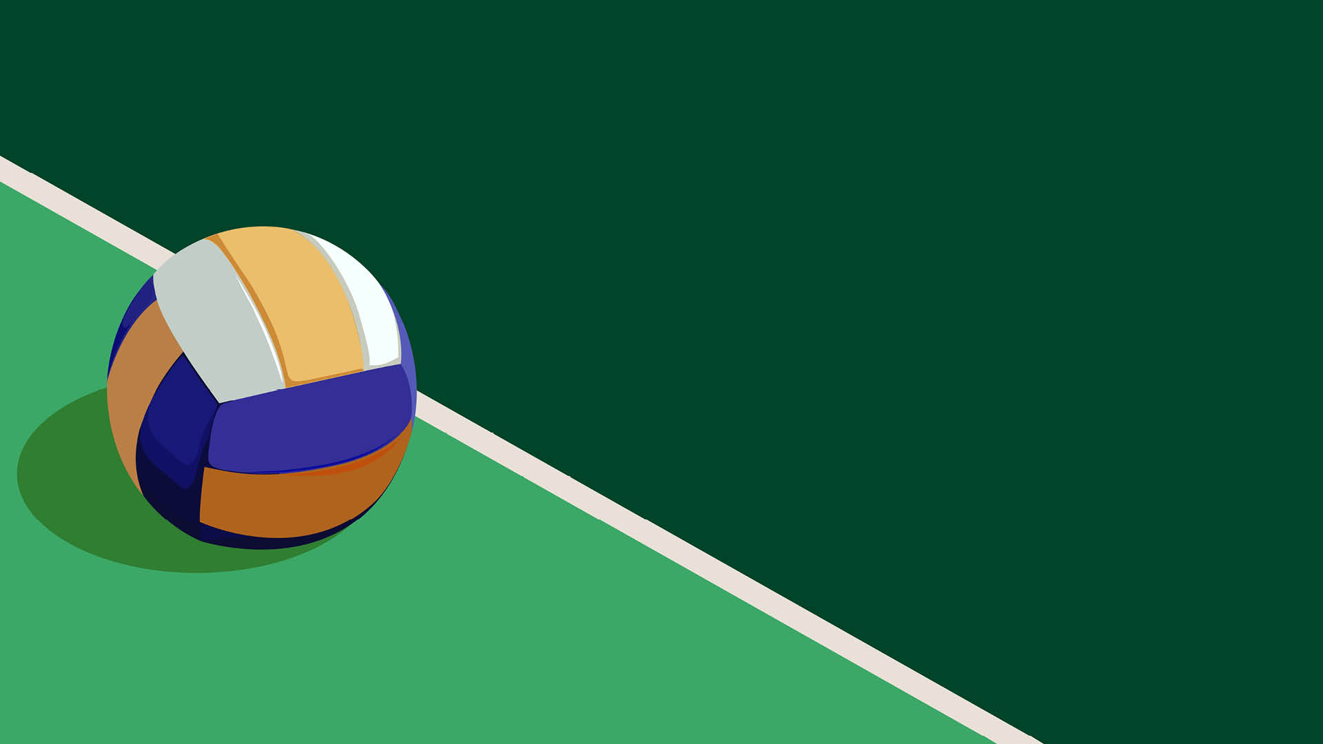 Un pallone da pallavolo colorato  posato su un campo verde con una linea bianca visibile.  Descrizione generata da AI